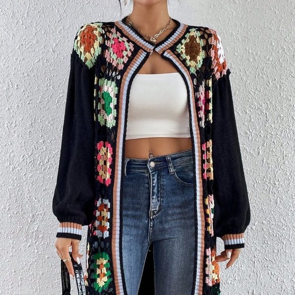 Black Casual Womens Geo Pattern Drop Shoulder Open Front Cardigan - Picture 3 of 5